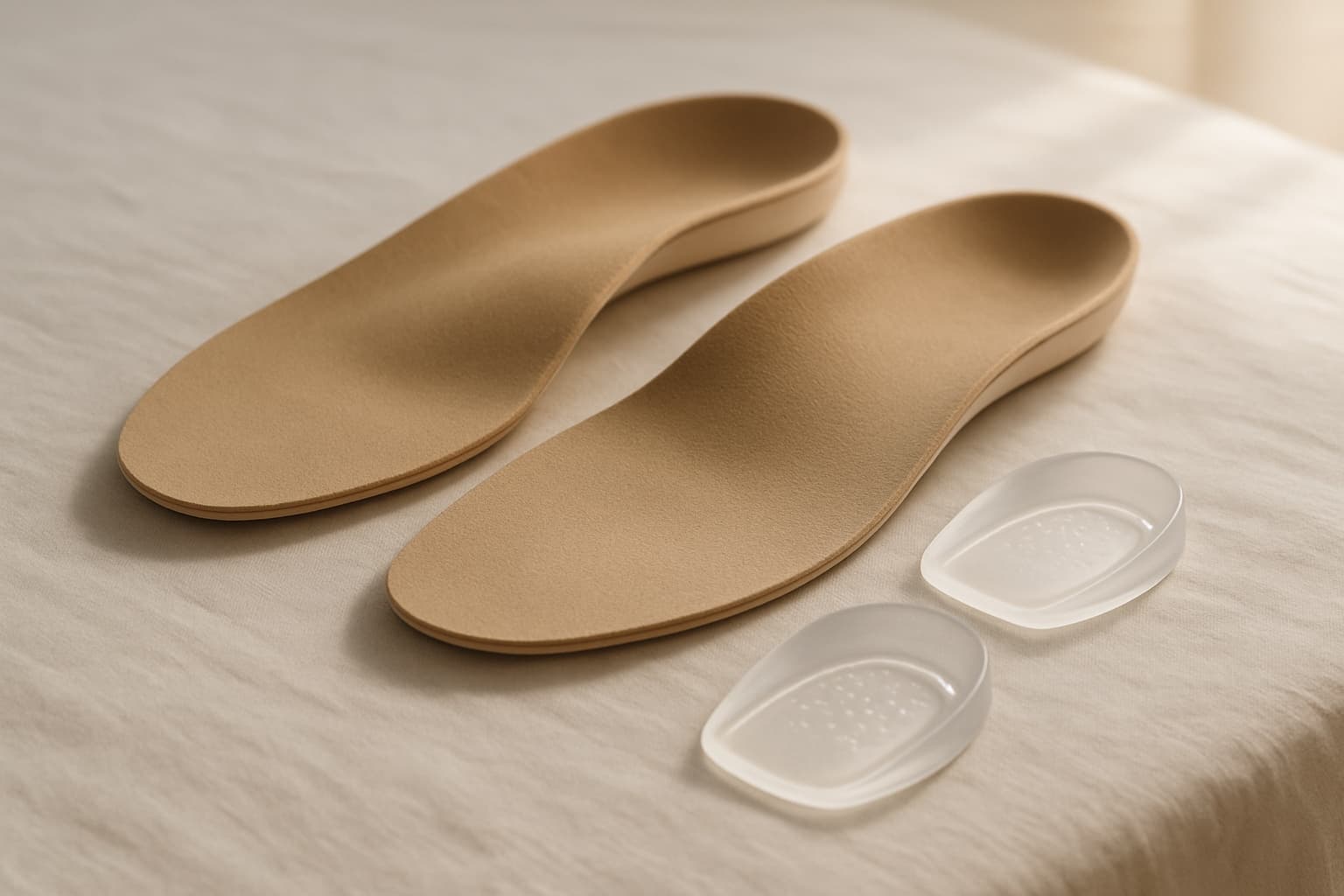 A pair of contoured insoles and a pair of gel heel cups on a linen surface
