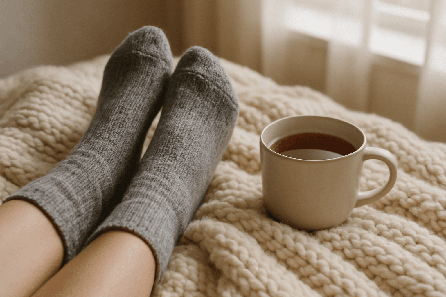 Feet in soft grey socks resting on a knitted blanket beside a cup of tea